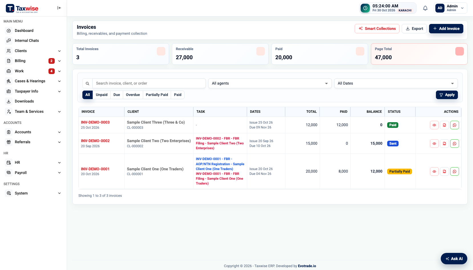 Taxwise invoices list with clients, totals, balances and status