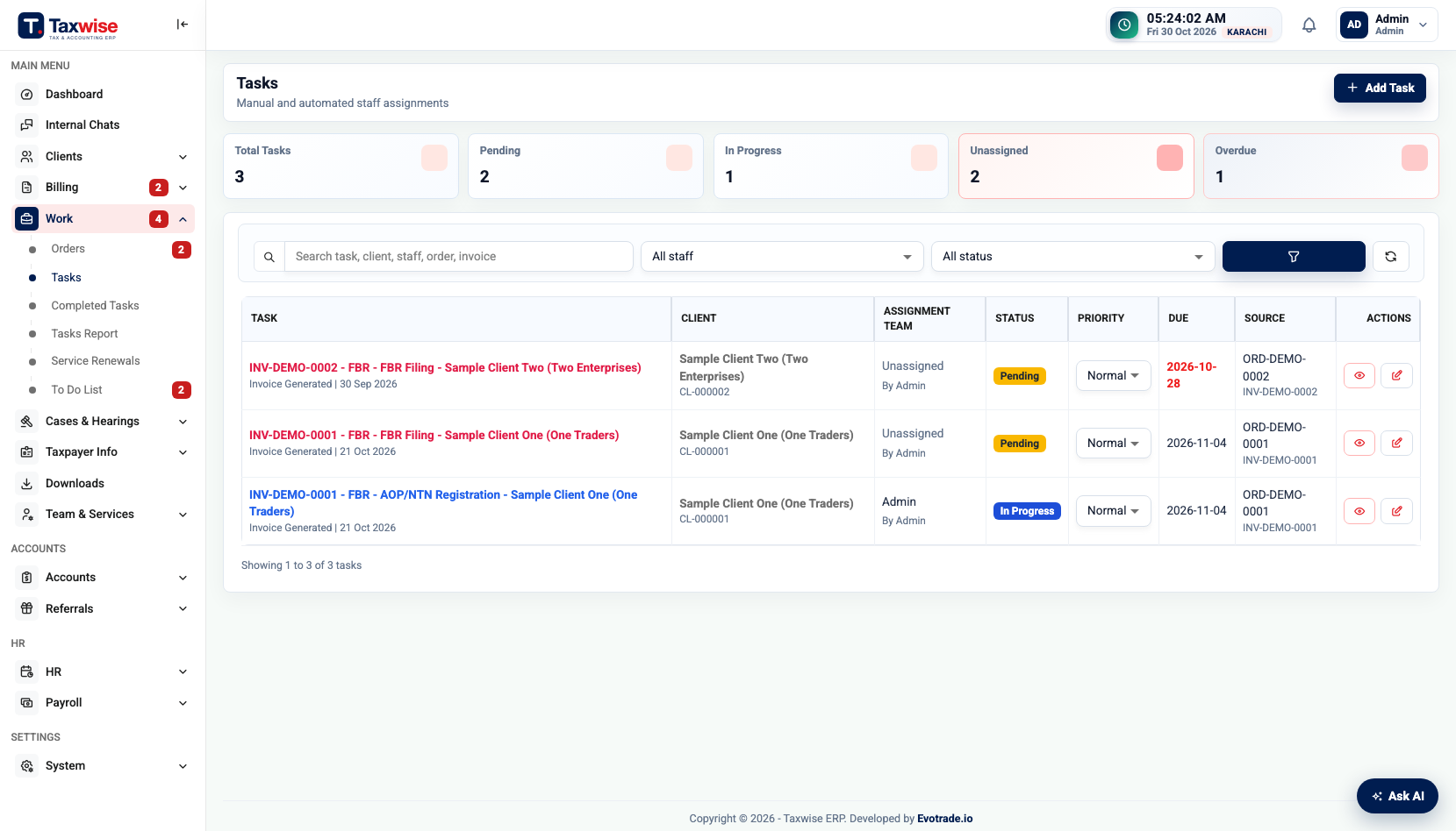 Taxwise tasks list auto-assigned to staff by skill and workload